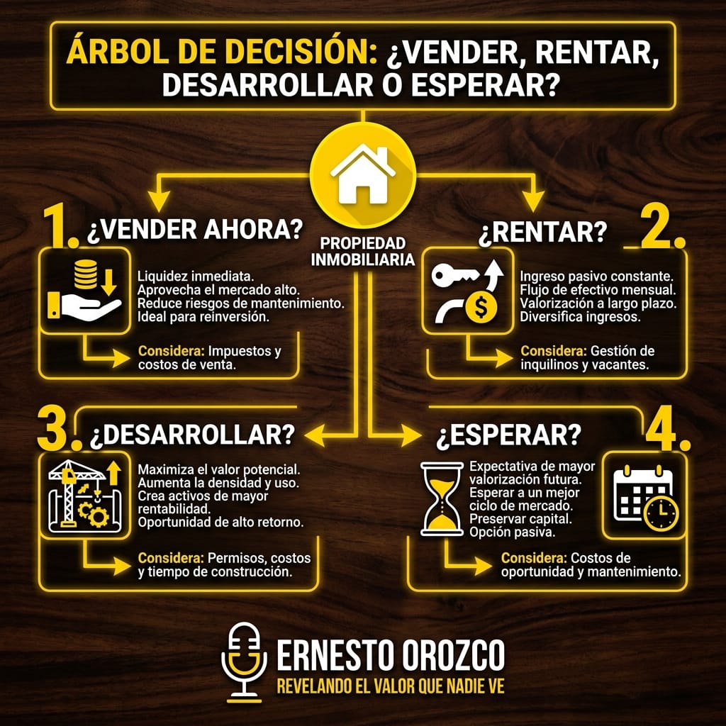 Árbol de decisión: ¿Vender, rentar, desarrollar o esperar?